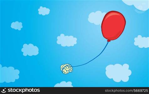 Cartoon illustration of imagination or brain flying tied to a red balloon