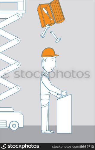 Cartoon illustration of industrial worker using his helmet in an accident