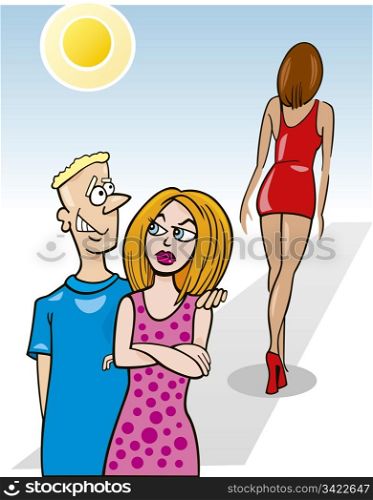 Cartoon illustration of jealous woman and her boyfriend looking at sexy girl