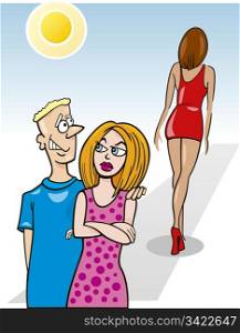 Cartoon illustration of jealous woman and her boyfriend looking at sexy girl