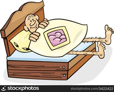 Cartoon illustration of man in too short bed