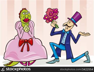 cartoon illustration of man making proposal to monster