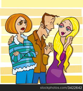 Cartoon illustration of man talking to cute blond girl and his jealous wife