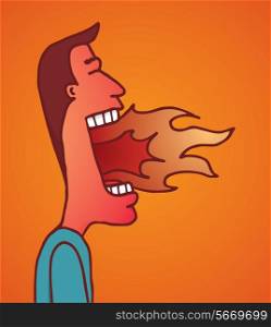 Cartoon illustration of man with burning mouth after eating spicy food or really angry
