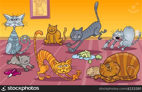 Cartoon Illustration of Many Naughty Cats at Home