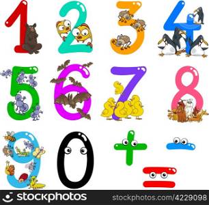 cartoon illustration of numbers from zero to nine with animals