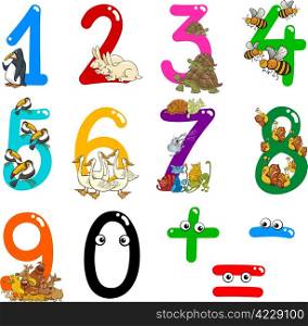 cartoon illustration of numbers from zero to nine with animals