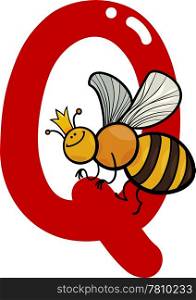cartoon illustration of Q letter for queen bee