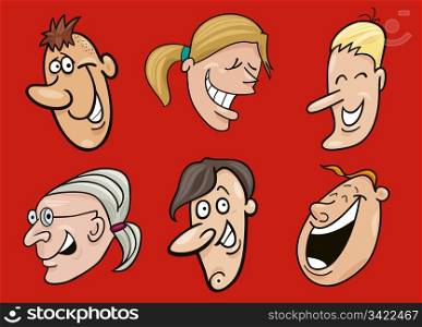 Cartoon illustration of set of happy faces