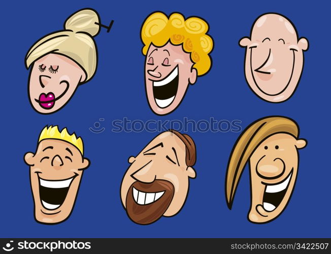 Cartoon illustration of set of laughing faces