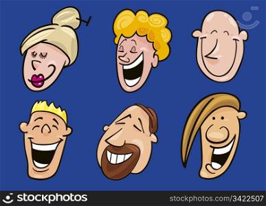 Cartoon illustration of set of laughing faces