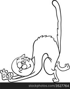 Cartoon Illustration of Stretching Happy Cat for coloring book
