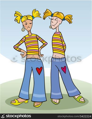 cartoon illustration of teen girl and her copy friend