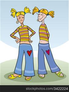 cartoon illustration of teen girl and her copy friend