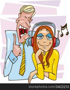 Cartoon illustration of teenage girl listening to the music and her father grumbling