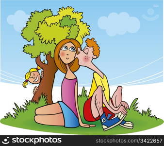 cartoon illustration of teenager couple in love