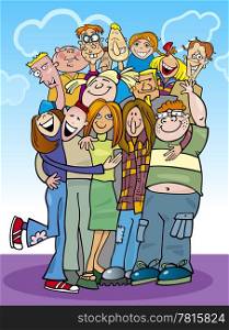 cartoon illustration of teenagers group in a hug