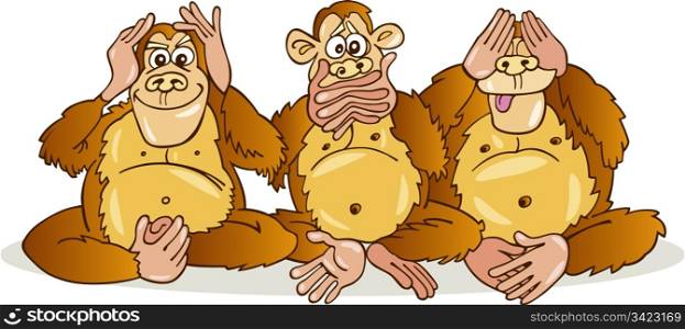 Cartoon illustration of three sitting monkeys