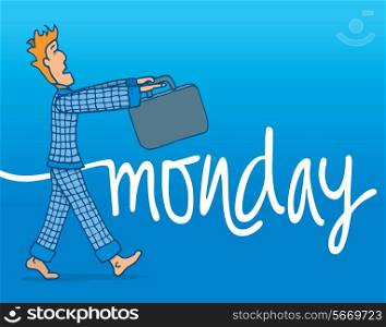 Cartoon illustration of tough monday morning for a sleep walking businessman