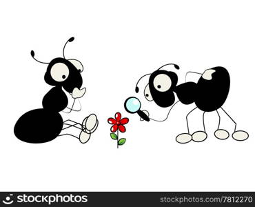 Cartoon illustration of two ants and a flower.