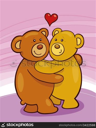Cartoon illustration of two teddy bears in love giving a hug