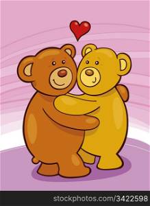 Cartoon illustration of two teddy bears in love giving a hug