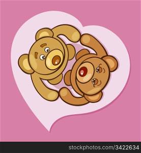 Cartoon illustration of two teddy bears in love in heart shape