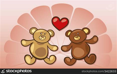 Cartoon illustration of two teddy bears in love with heart
