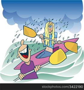 Cartoon illustration of wet angry blond girl in kayak, bad rainy weather and boy laughing
