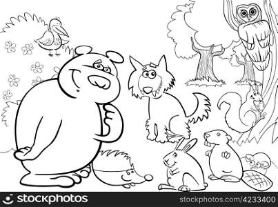 cartoon illustration of wild forest animals for coloring book