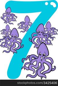 cartoon illustration with number seven and octopuses