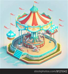 Cartoon isometric carousel merry go round, amusement park on blue background, Generative AI. Cartoon isometric carousel merry go round, amusement park. Generative AI