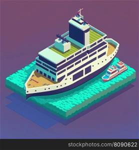 Cartoon isometric cruise ship in open ocean, water around. Generative AI. Cartoon isometric cruise ship in water, Generative AI