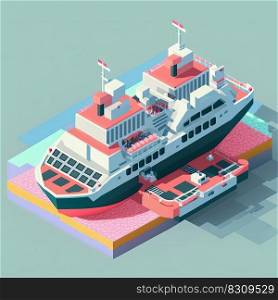 Cartoon isometric cruise ship in open ocean, water around. Generative AI. Cartoon isometric cruise ship in water, Generative AI