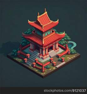 Cartoon isometric East Asian red pagoda building on green background. Generative AI. Cartoon East Asian pagoda. Game design isometry. Generative AI