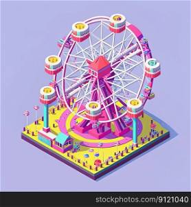 Cartoon isometric ferris wheel, amusement park on purple background, Generative AI. Cartoon isometric ferris wheel, amusement park. Generative AI