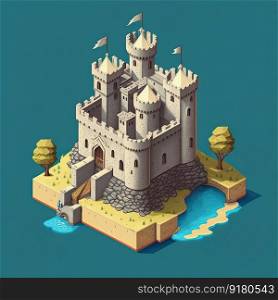 Cartoon isometric medieval castle with towers, bridge and gates. Generative AI. Cartoon isometric medieval castle with towers and gates, Generative AI