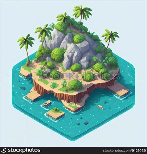 Cartoon isometric private island with rock mountain and bridge, Generative AI. Cartoon isometric private island with mountain, Generative AI