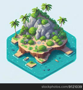 Cartoon isometric private island with rock mountain and bridge, Generative AI. Cartoon isometric private island with mountain, Generative AI