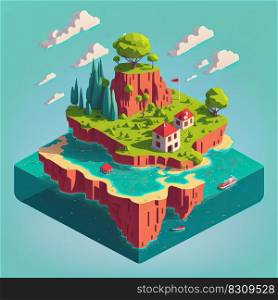 Cartoon isometric private island with rock mountain, houses and beach, Generative AI. Cartoon isometric private island with houses and mountain, Generative AI