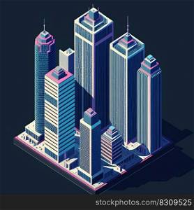 Cartoon isometric skyscraper in city downtown office district on dark night background, Generative AI. Cartoon isometric scyscraper in city, Generative AI