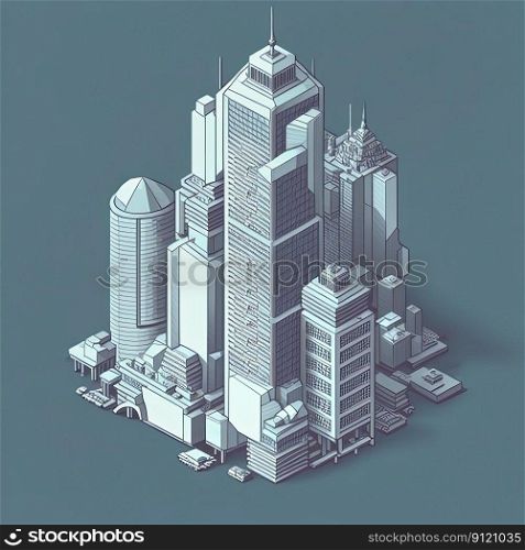 Cartoon isometric skyscraper in city downtown office district on gray background, Generative AI. Cartoon isometric scyscraper in city, Generative AI