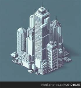 Cartoon isometric skyscraper in city downtown office district on gray background, Generative AI. Cartoon isometric scyscraper in city, Generative AI