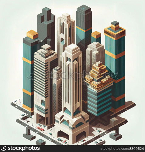 Cartoon isometric skyscraper in city downtown office district on white background, Generative AI. Cartoon isometric scyscraper in city, Generative AI