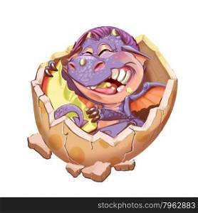 Cartoon little dragon in the lodge from a shell. Raster illustration