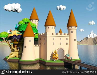 Cartoon medieval castle on island with beautiful landscape, 3D rendering