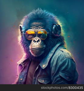 Cartoon monkey with sunglasses nft style, Created with generative A