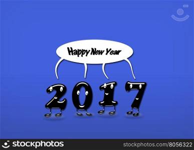 Cartoon of 2017 numerals with speech buble with text Happy New Year on blue background. 3d rendering.