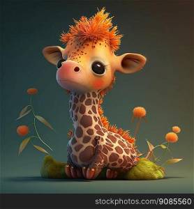 Cartoon of a cute funy tiny jiraffe on a colored background. Generative AI