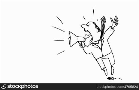 Cartoon of man. Caricature of angry businessman screaming in megaphone on white background